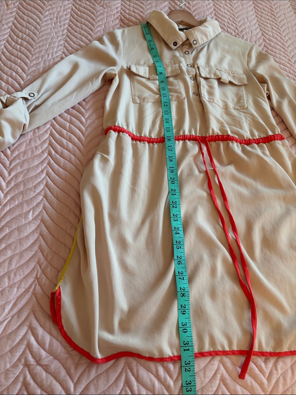 Kensie Utility Safari Shirt Dress Beige Neon Trim Roll Tab Sleeves Size S - Picture 14 of 14